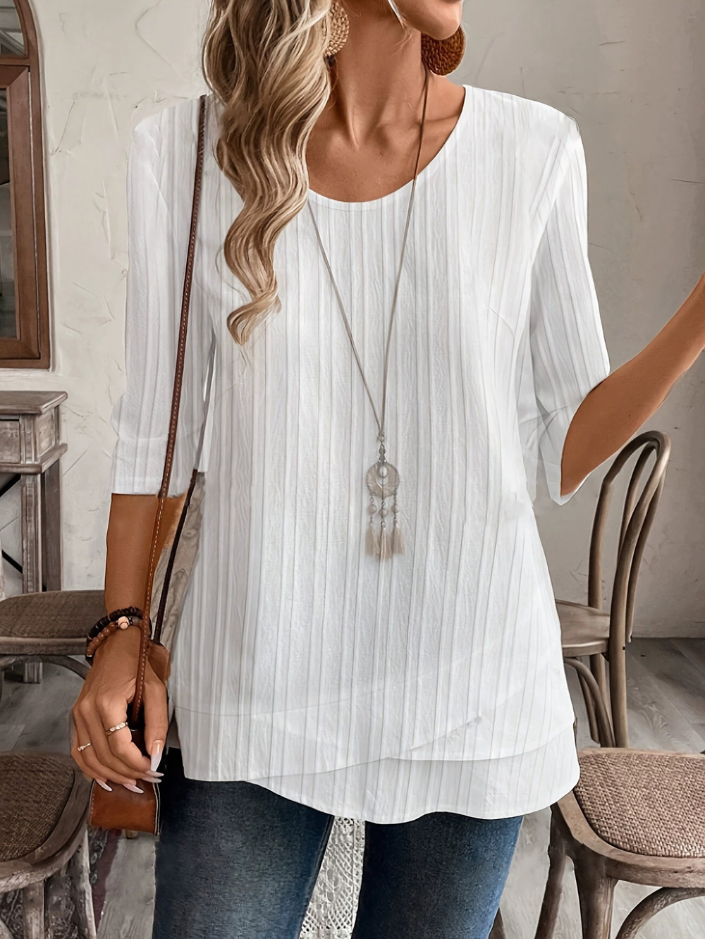 ZARA Fall Tunic Crew Neck Three Quarter Sleeve Loose Casual Top